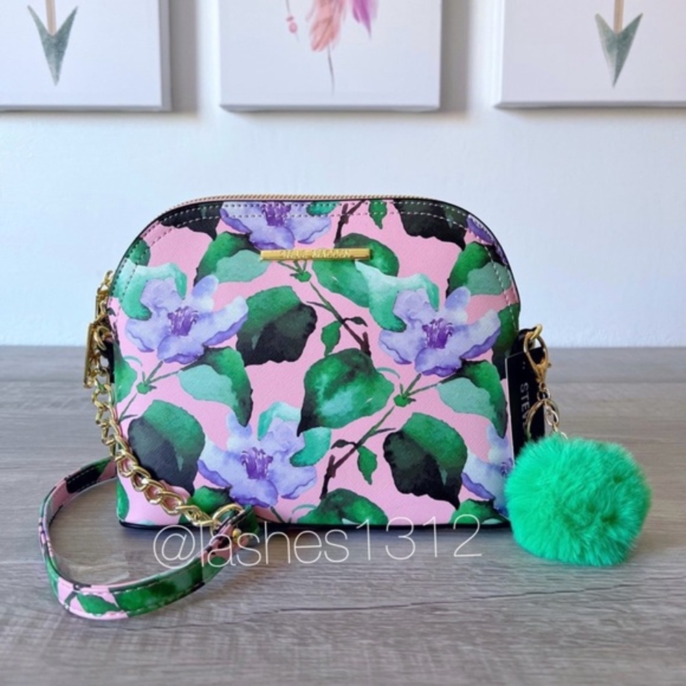 Steve Madden Pink Floral Crossbody Bag with Green Leaf Print and Green Pom